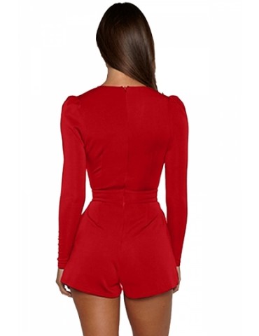 Womens Sexy Deep V-Neck Long Sleeve Back Zipper Romper Red