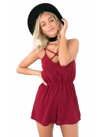 Criss Cross Sleeveless Plain Cut Out Pleated Romper Ruby