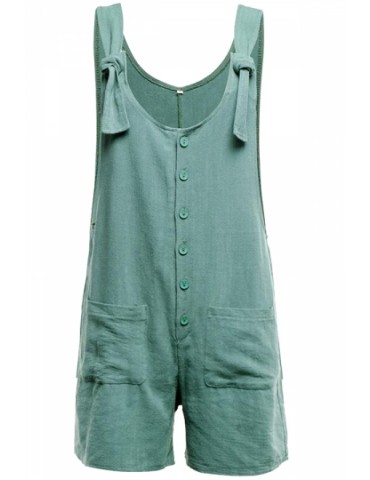 Loose Knot Striped Button Front Pocket Plain Overall Romper Green