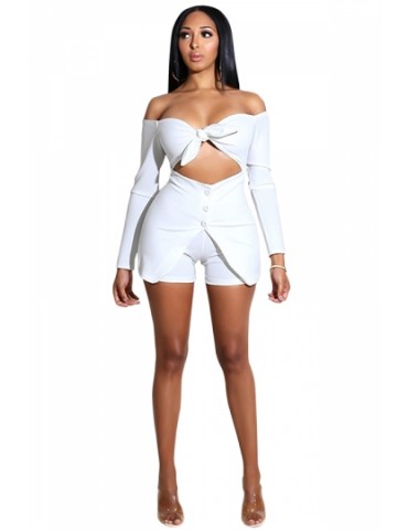 Sexy Off Shoulder Long Sleeve Tie Cut Out Button Bodycon Romper White