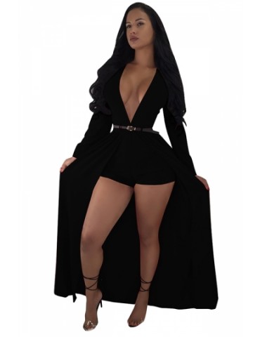 Sexy Long Sleeve Deep V Neck Belted Bodycon Plain Romper Black
