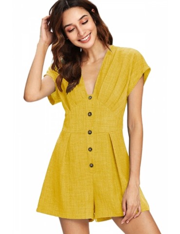 V Neck Short Sleeve Button Front Pleated Romper Yellow