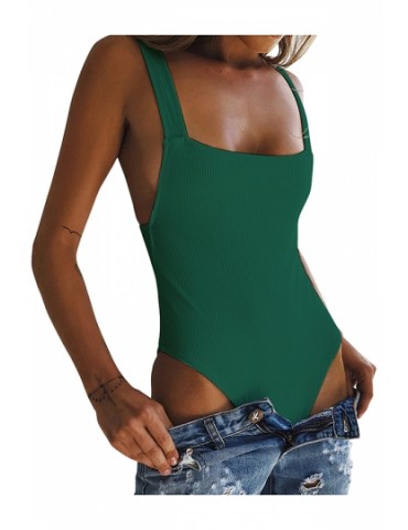 Square Neck Sleeveless Backless Plain Bodysuit Green