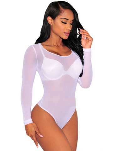 Womens Sexy White Long Sleeve Sheer Mesh Thong Bodysuit