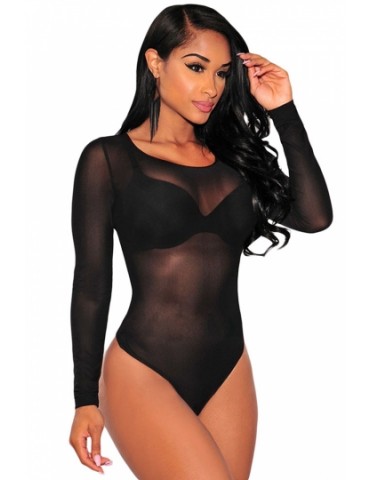 Womens Sexy Black Long Sleeve Sheer Mesh Thong Bodysuit