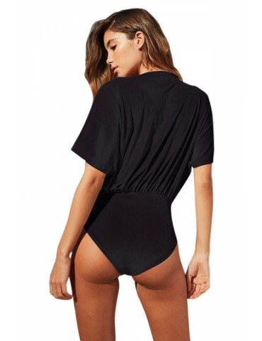 Womens Sexy Deep V Neck Short Sleeve Plain Bodysuit Black
