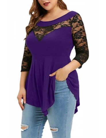 Plus Size Lace Sleeve Pleated Blouse Purple