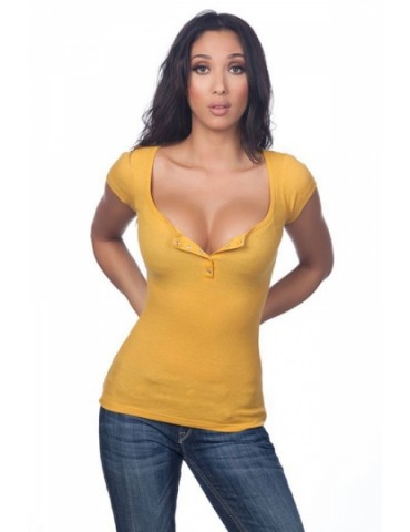Womens Sexy Plain Plunging Neckline Short Sleeve T Shirt Yellow