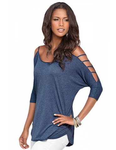 Womens Plain Long Sleeve Off Shoulder Hollow Out String T-shirt Blue