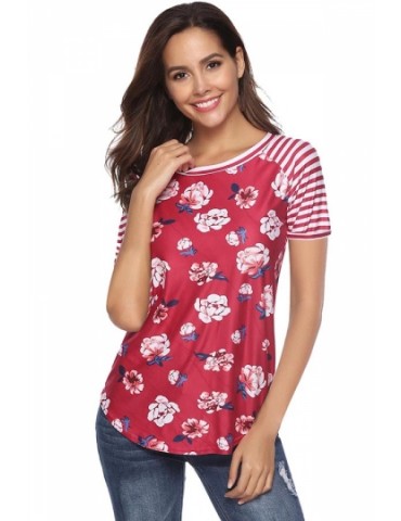 Crew Neck Short Sleeve Striped Floral Print T-Shirt Red