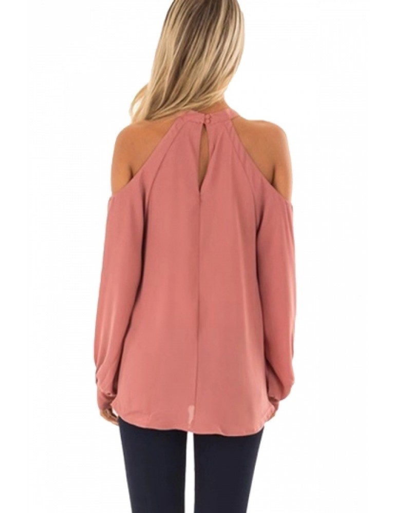 Cut Out Halter Cold Shoulder Long Sleeve Wrap Plain T-Shirt Pink