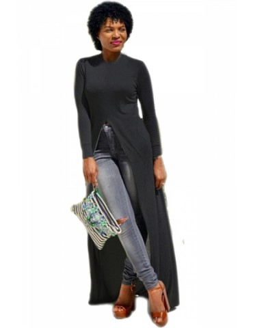 Womens Front High Slit Long Sleeve Plain Floor Length T Shirt Black