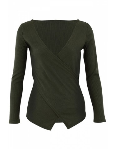 Fashion V Neck Long Sleeve Criss Cross Plain Bodycon T-Shirt Green