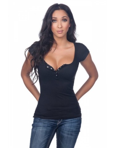 Womens Sexy Plain Plunging Neckline Short Sleeve T Shirt Black