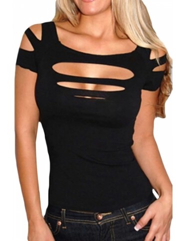 Black Cold Shoulder Cut Out Strappy Tee Shirt