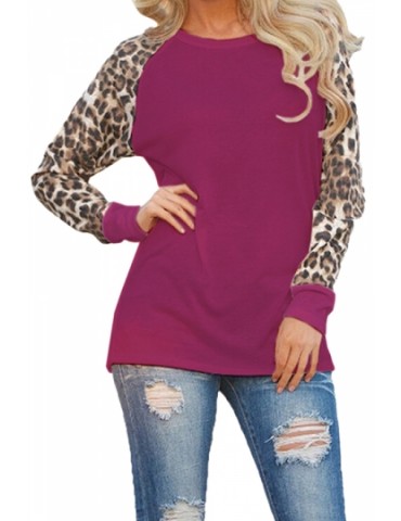 Womens Leopard Printed Long Sleeve Crewneck T Shirt Purple