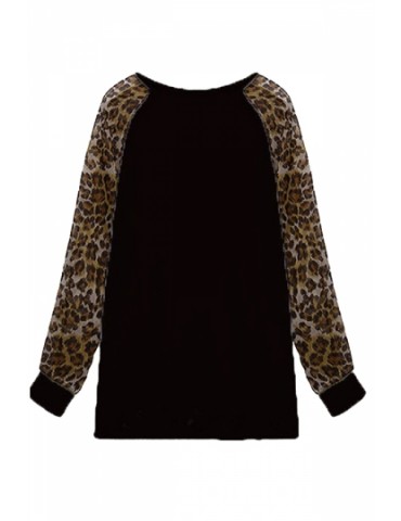 Womens Leopard Printed Long Sleeve Crewneck T Shirt Black
