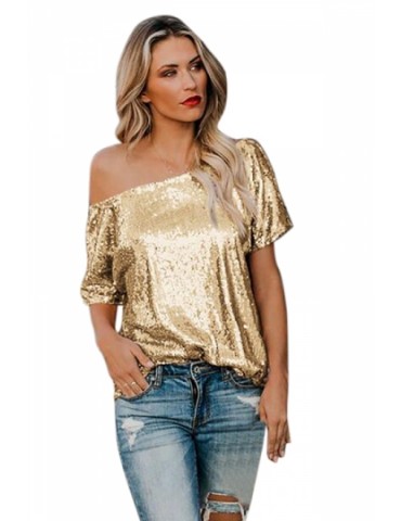 One Shoulder Sequin Glitter Plain Loose T-Shirt Gold