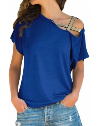 One Shoulder Criss Cross Sequin Loose Plain T-Shirt Sapphire Blue