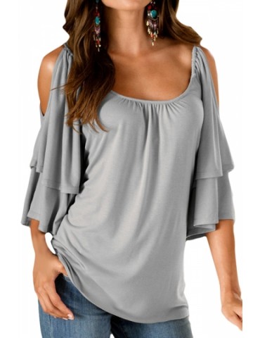 Womens Sexy Cold Shoulder Double Layer Plain Blouse Gray