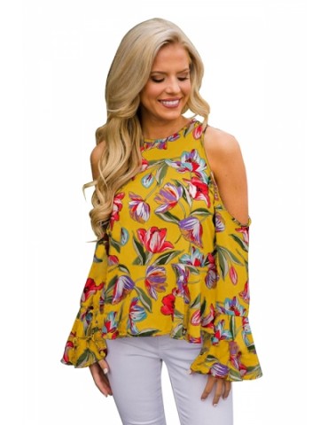 Sexy Cold Shoulder Long Sleeve Floral Print Loose Blouse Yellow