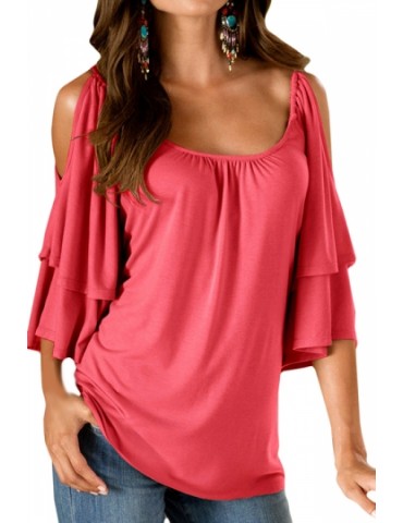 Womens Sexy Cold Shoulder Double Layer Plain Blouse Watermelon Red