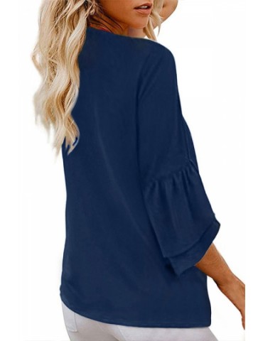 Button Front Ruffle Sleeve Blouse Navy Blue
