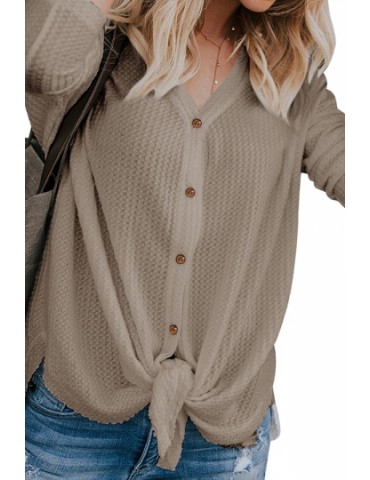 Long Sleeve V Neck Button Down Tie Bottom Loose Plain Blouse Coffee