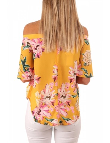 Half Sleeve Off Shoulder Floral Print Loose Blouse Yellow
