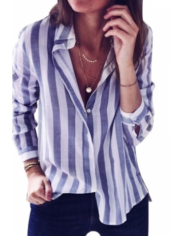 Turndown Collar Long Sleeve Buttons Designed Striped Loose Blouse Blue