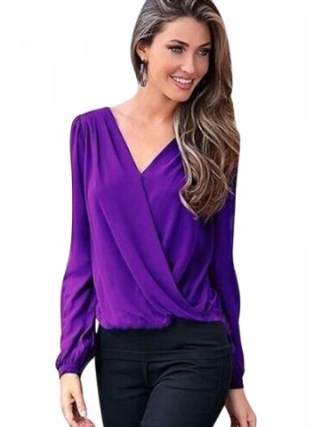 Womens Chic Plain V Neck Long Sleeve Chiffon Blouse Purple