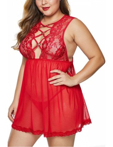 Plus Size Open Back Babydoll With Thong Red