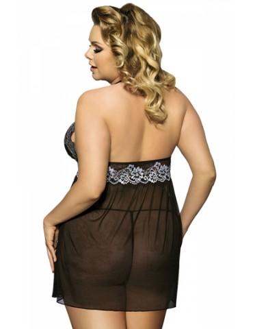 Plus Size Halter V Neck Backless Sheer Lace Babydoll With Thong Black