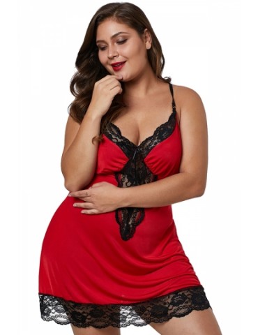 Plus Size V Neck Sheer Lace Patchwork Babydoll Red
