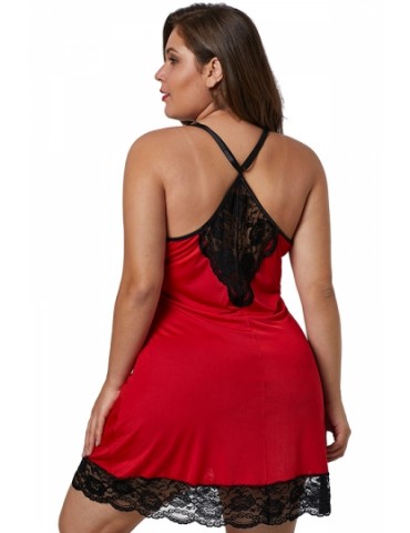 Plus Size V Neck Sheer Lace Patchwork Babydoll Red