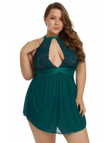 Plus Size Halter Cut Out Sheer Mesh Babydoll Green