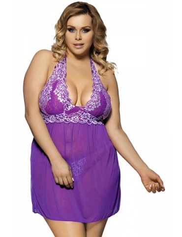 Plus Size Halter V Neck Backless Sheer Lace Babydoll With Thong Purple