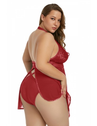 Plus Size Halter Cut Out Sheer Mesh Babydoll Red