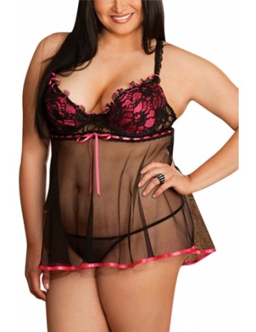 Red Plus Size Bow Ruffle Sheer Sexy Chic Ladies Babydoll
