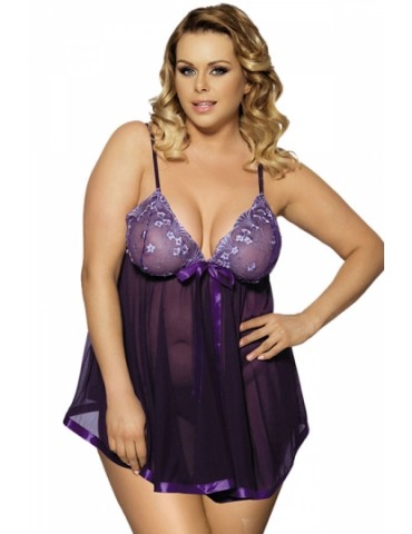 Womens Plus Size See Through Lace Trim Babydoll Dark Purple