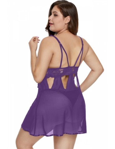 Plus Size Cut Out Sheer Lace Babydoll With Thong Purple