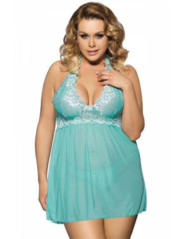 Plus Size Halter V Neck Backless Sheer Lace Babydoll With Thong Green