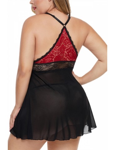 Plus Size Mesh Babydoll With Thong Red