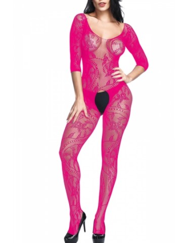 3/4 Sleeve Swirl Floral Lace Bodystocking Rose Red