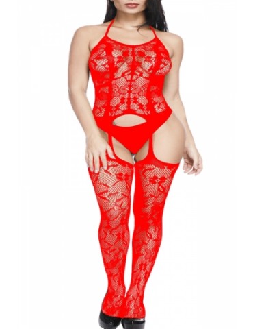 Halter Lace Gartered Bodystocking Red