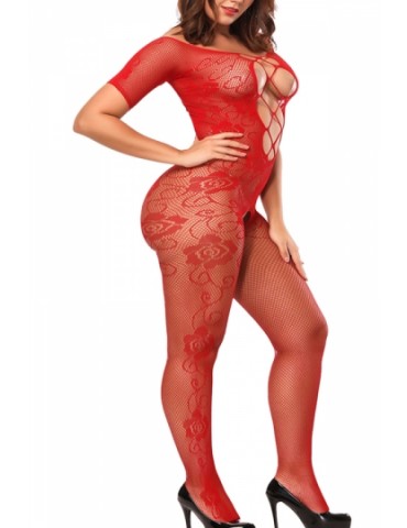 Floral Lace Fishnet Bodystocking Short Sleeve Red