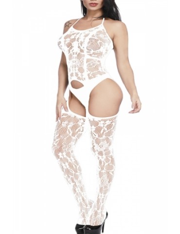 Sexy Halter Bodystocking Lace Sheer White