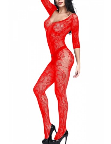 See Through Crotchless Fishnet Bodystocking Red