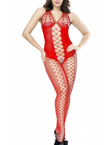Crotchless Bodystocking Hollow Out Red