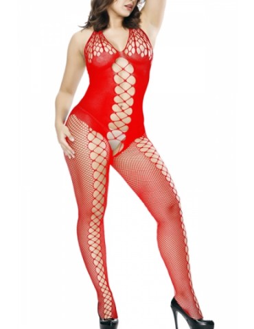 Crotchless Bodystocking Hollow Out Red